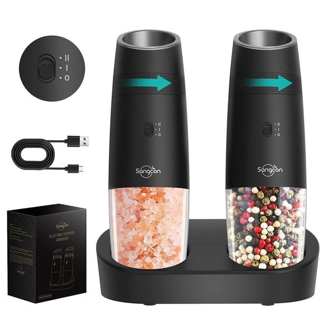 Sangcon 2-Speed Gravity Electric Salt and Pepper Grinder Set RECHARGEABLE, Automatic Salt Pepper Shakers with Charging Base - LED Light One Hand Operated, External Adjustable Coarseness Pepper Mill