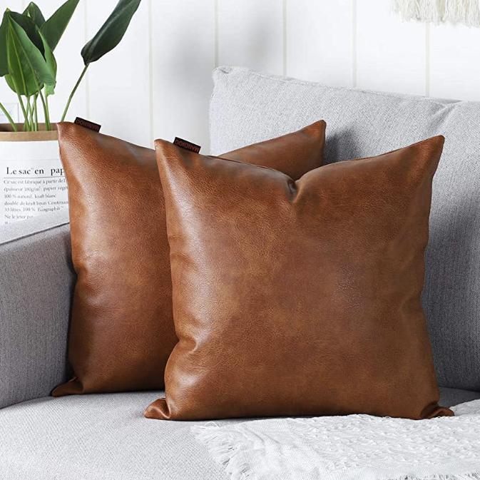 MANDIOO Set of 2 Faux Leather Decorative Throw Pillow Covers Modern Solid Outdoor Cushion Cases Luxury Pillowcases for Couch Sofa Bed 16x16 Inches Brown