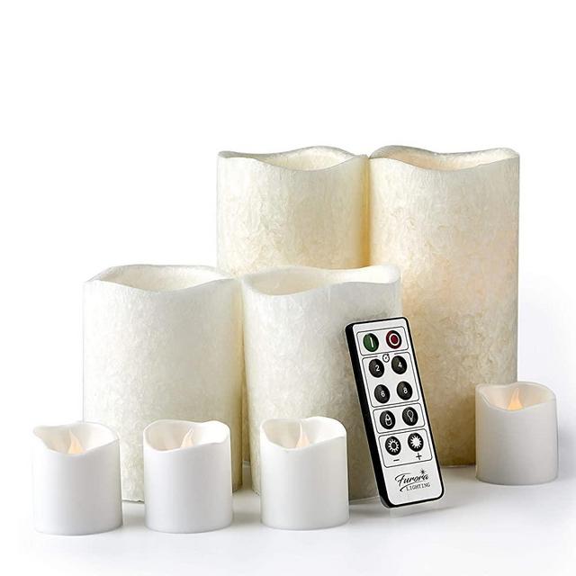 Furora LIGHTING LED Flameless Candles with Remote Control, Set of 8, Real Wax Battery Operated Pillars and Votives LED Candles with Flickering Flame and Timer Featured - Crystallized White