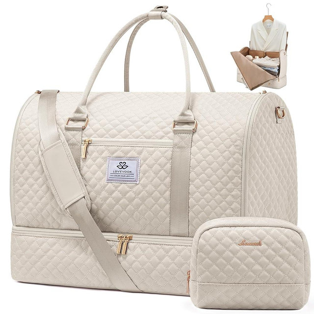 LOVEVOOK Convertible Garment Bag for Women with Shoe Pouch, Carry On Travel Duffel Bag with Toiletry Bag, 2 in 1 Hanging Suitcase Suit Bag, Waterproof Weekender Bag for Business Trip, Wedding, Beige