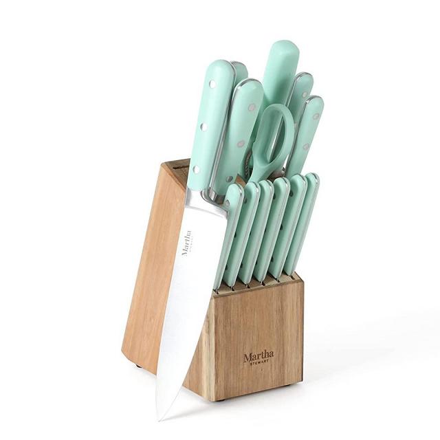 MARTHA STEWART Eastwalk 14 Piece High Carbon Stainless Steel Cutlery Knife Block Set w/ABS Triple Riveted Forged Handle Acacia Wood Block - Martha Blue