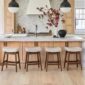 Bar Stools Set of 4, Barstools with Sturdy Wood Legs, Saddle Seat Counter Height Bar Stools for Kitchen Counter, Bar, Dining, 24 Inch Farmhouse Counter Stools, Antique White Leather
