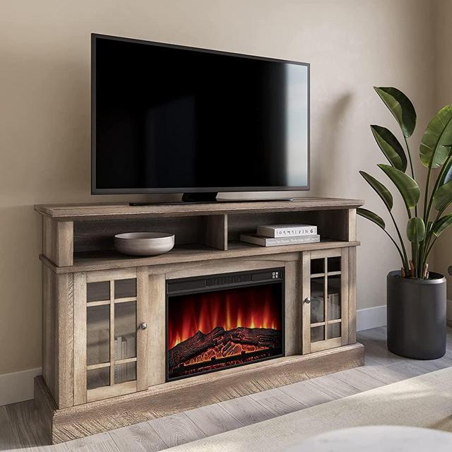 BELLEZE Traditional 58 Inch Rustic Electric Fireplace TV Stand & Media Entertainment Center Console Table for TVs up to 65 Inches with Open Storage Shelves & Cabinets - Astorga (Ashland Pine)