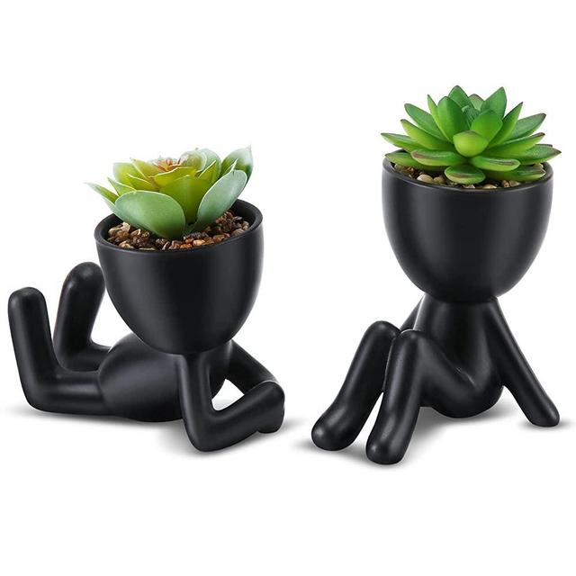 Fake Succulent, Mini Succulents Plants Artificial in Black Modern Human Shaped Ceramic Pots Cute Desk Decor Desk Plant for Office Decor for Women, Cute Fake Plants Bathroom Decor 2PCS