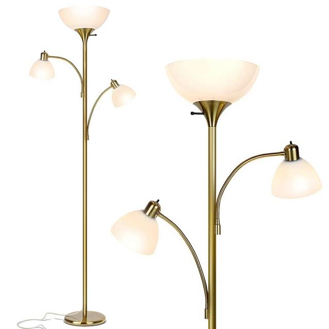 Brightech – Sky Dome Double – Dimmable Tall Pole LED Floor Lamp with Two Reading Arms – Modern Standing Torchiere Light for Living Room, Bedroom, Office, Dorm Room, Den – Brass
