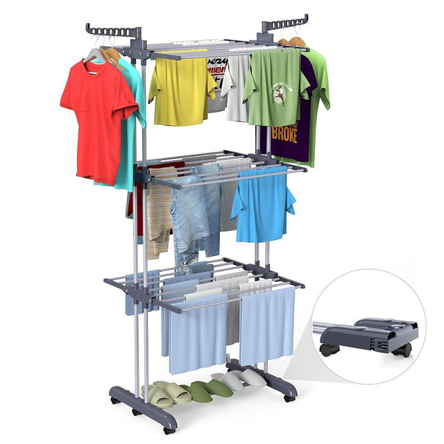 Bigzzia Clothes Drying Rack, 67.7 Inch Laundry Drying Rack with Foldable Base, 4 Tier Stainless Steel Drying Rack Clothing, Movable Laundry Rack for Indoor Outdoor-Grey