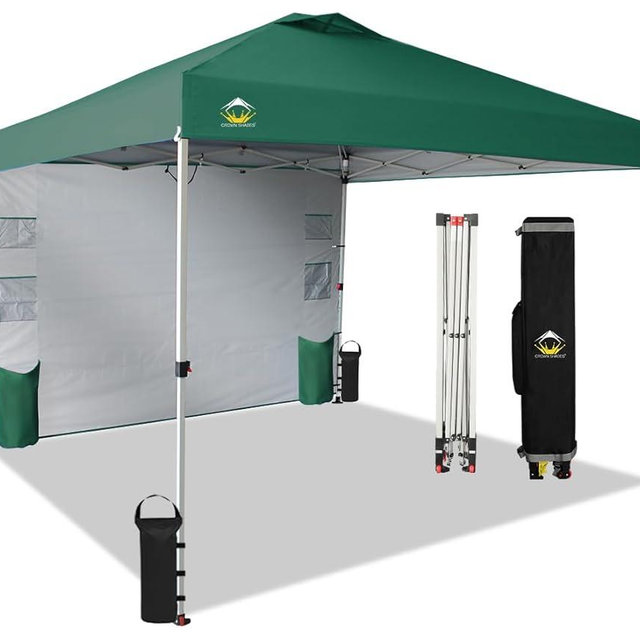 CROWN SHADES Canopy Tent 10x10 Pop Up Canopy Outdoor Shade with Pockets Sidewall, Easy Up Sun Shelter with One Person Set Up Center Lock, Portable Instant Camping Beach Canopy Tents, Forest Green
