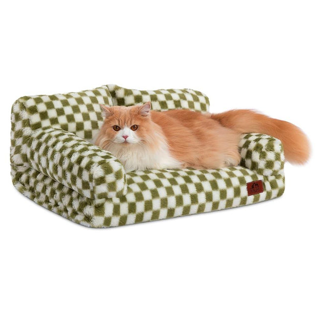 Hollypet Fluffy Plush Dog Cat Pet Couch Soft Calming Sofa Bed for Medium Small Cats and Dogs, Green and White