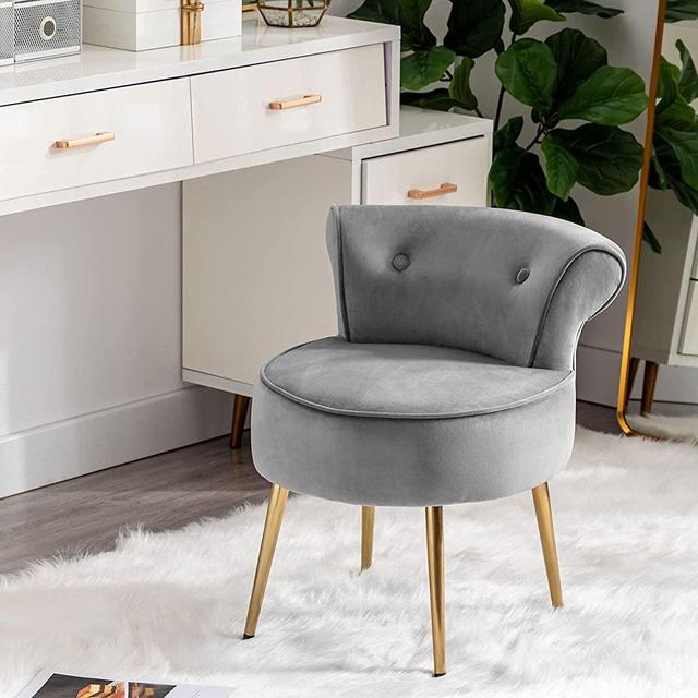 Duhome Velvet Vanity Chairs with Back, Upholstered Foot Stool Ottoman, Tufted Accent Chairs Makeup Chair for Vanity with Gold Legs for Women and Girl, Grey