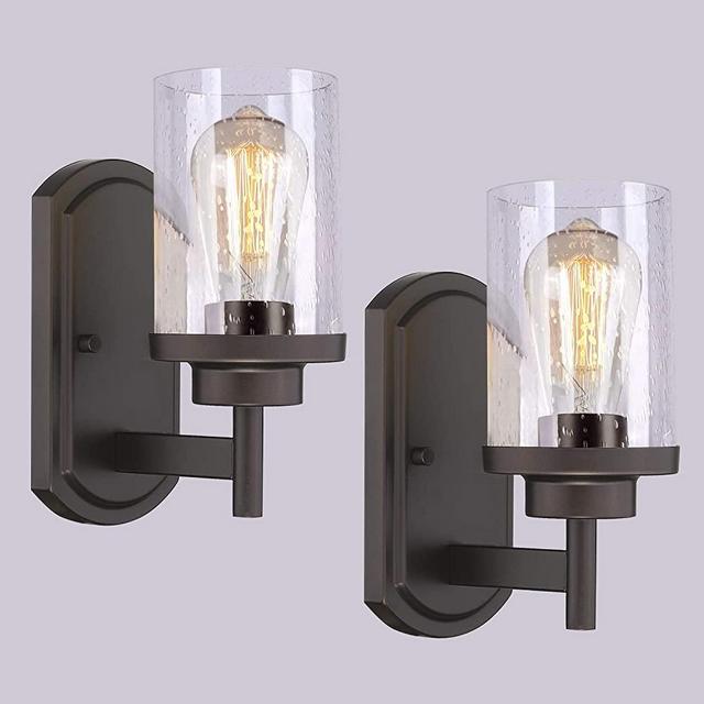 JAZAVA Bath Vanity Light Fixture Set of 2, Wall Mounted Sconce Indoor Farmhouse Bathroom Light Fixtures, Open Bottom with Oil Rubbed Bronze and Clear Seeded Glass