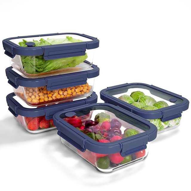 BOROHOUSE 5-Pack Borosilicate Glass Containers with Tempered Lids, 35.2oz/4.4 Cup Airtight Meal Prep Set, Microwave/Freezer Safe (Blue)