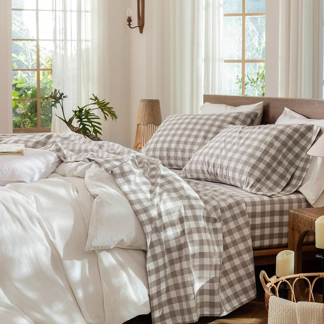 MooMee Gingham Sheet Set 100% Washed Cotton Linen Like Textured Breathable Soft w/Fully Elasticized 16-19" Deep Pocket (Buffalo Plaid Tannish Linen Grey, Queen)