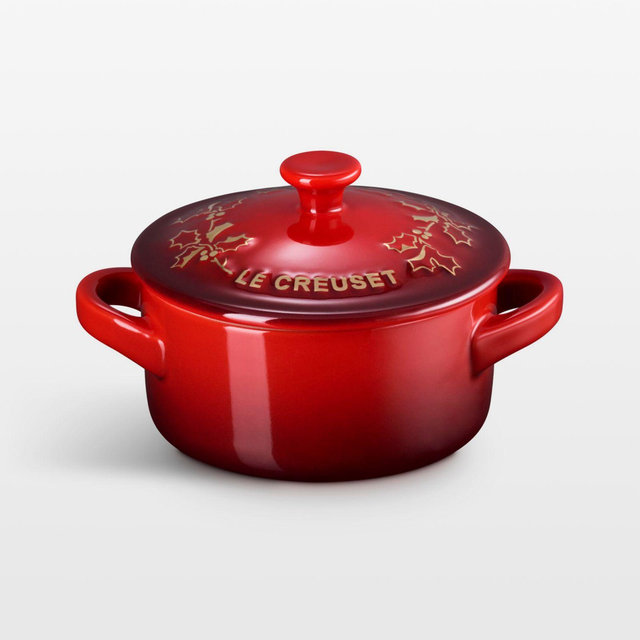 Le Creuset ® 8-oz. Cerise Holly Stoneware Mini Round Cocotte with Gold Knob