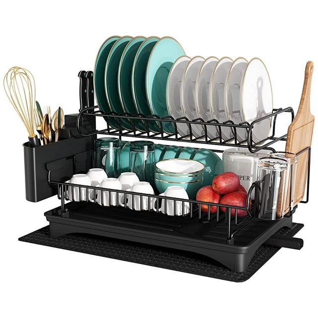 Dish Drying Rack and Drainboard Set, 304 Stainless Steel Large 2 Tier Dishes Rack, Dish Drainers with Auto-draining Tray, Utensil Holder, Cutting Board Holder and Drying Mat for Kitchen Counter, Black