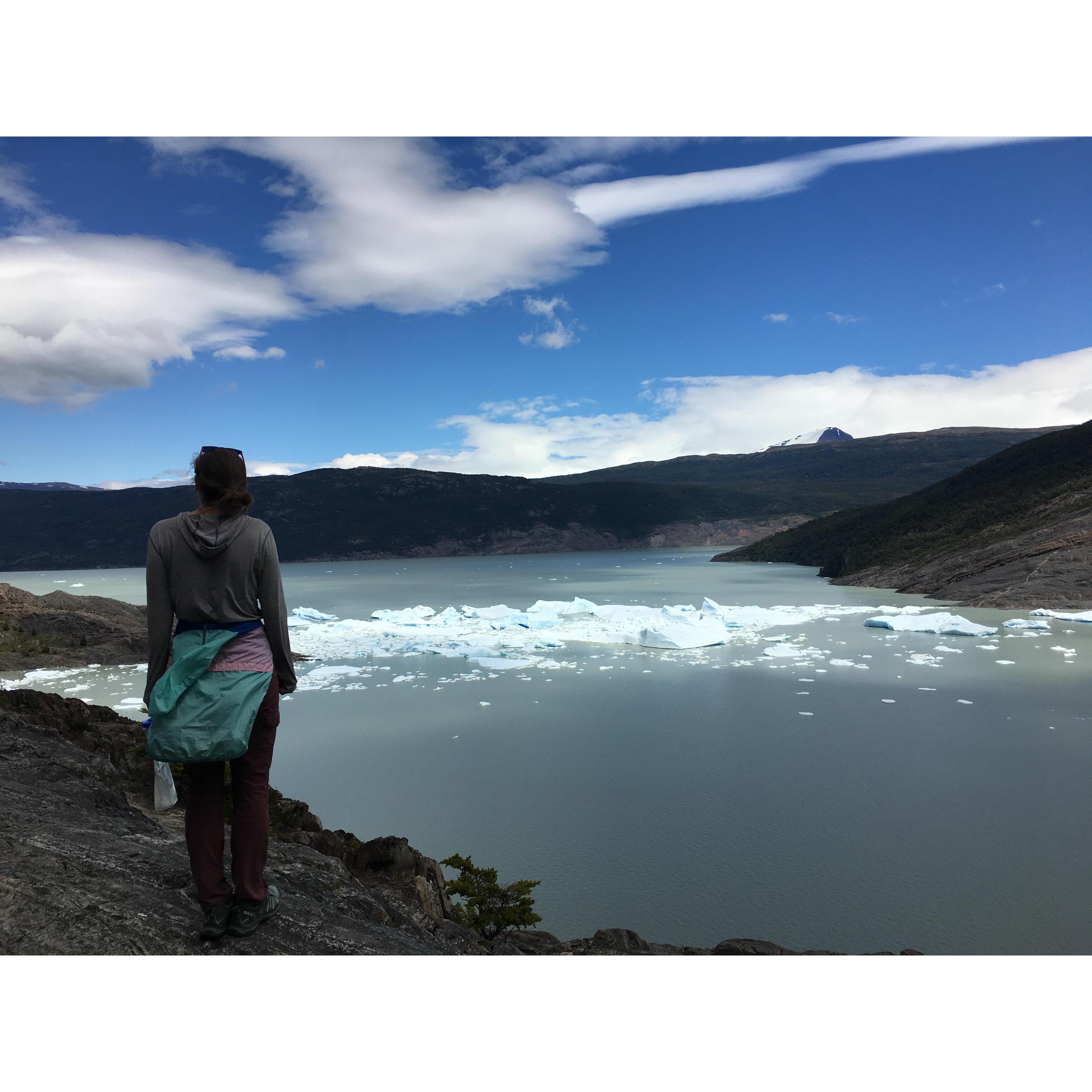 Tom snapped this pic of Ellen checking out some icebergs by Glacier Gray in Patagonia.