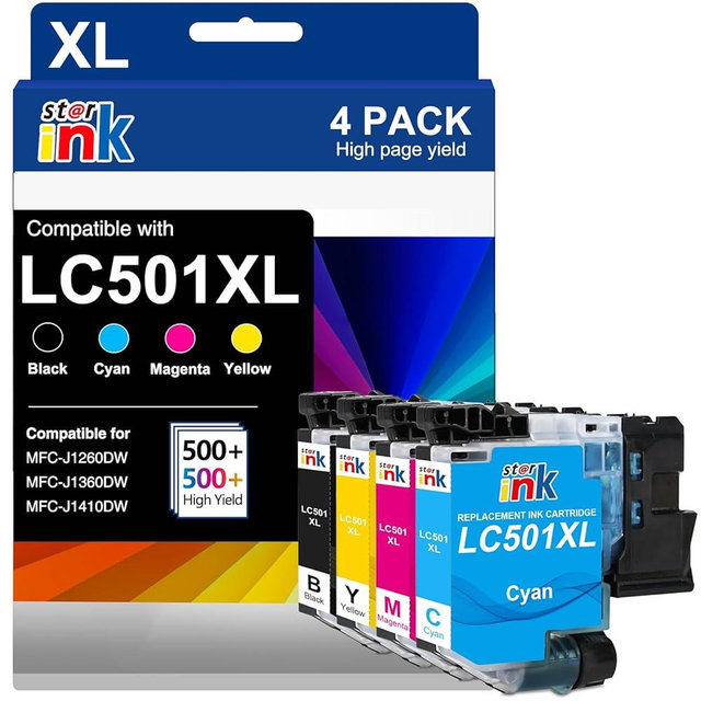 Starink LC501XL Ink Cartridges for Brother Printer Compatible for Brother LC501 Ink Cartridges LC501XL LC501 XL Fit for MFC-J1360DW MFC-J1410DW MFC-J1260W Printer -4 Pack Black Cyan Magenta Yellow