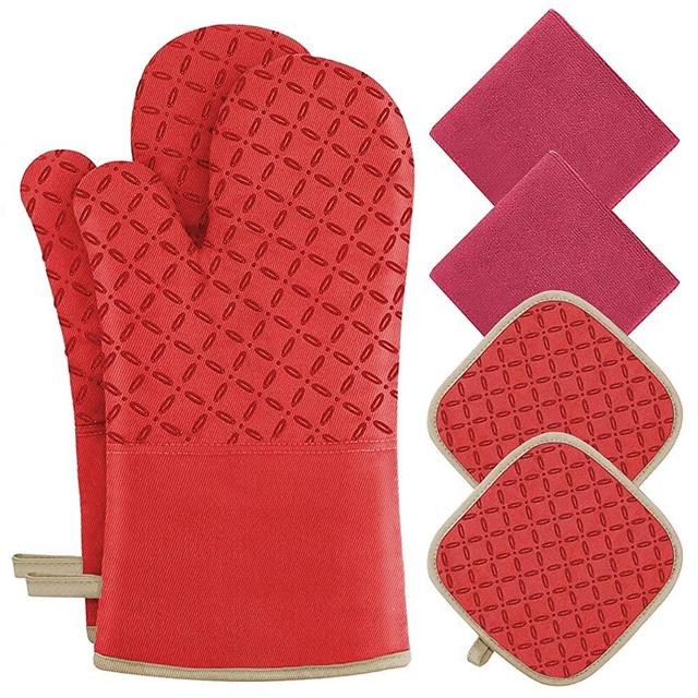 KEGOUU Oven Mitts and Pot Holders 6pcs Set, Kitchen Oven Glove High Heat Resistant 500 Degree Extra Long Oven Mitts and Potholder with Non-Slip Silicone Surface for Cooking (Red)