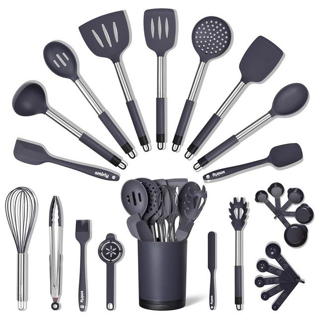 SMIRLY Kitchen Utensils Set – 26-Piece Silicone Cooking Utensils Set, Spatula Set with Holder, Stainless Steel Handle Silicone Kitchen Gadgets for Nonstick Cookware