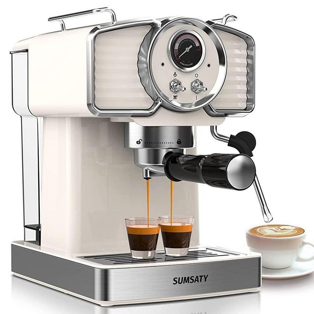 SUMSATY Espresso Coffee Machine 20 Bar, Retro Espresso Maker with Milk Frother Steamer Wand for Cappuccino, Latte, Macchiato, 1.8L Removable Water Tank, ETL Listed, Coffee Spoon, Vintage White