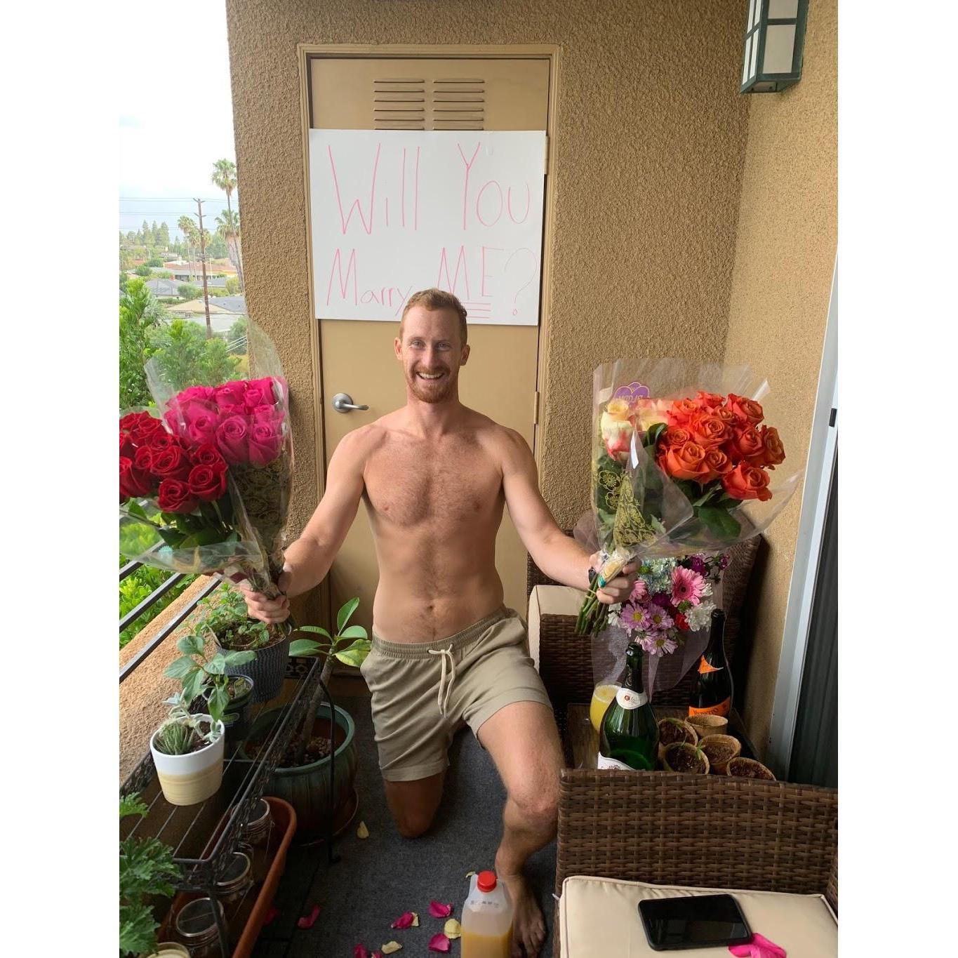 Unfortunately, Stephan was not shirtless when he proposed. This was after-the-fact.