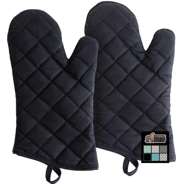 Gorilla Grip Heat Resistant Thick Cotton Oven Mitts and Pot Holder Sets, Quilted Lining, Strong Grip Kitchen Mitt, Short Hot Pads Pair, Cooking Baking BBQ Gloves, 13 Inch, Black