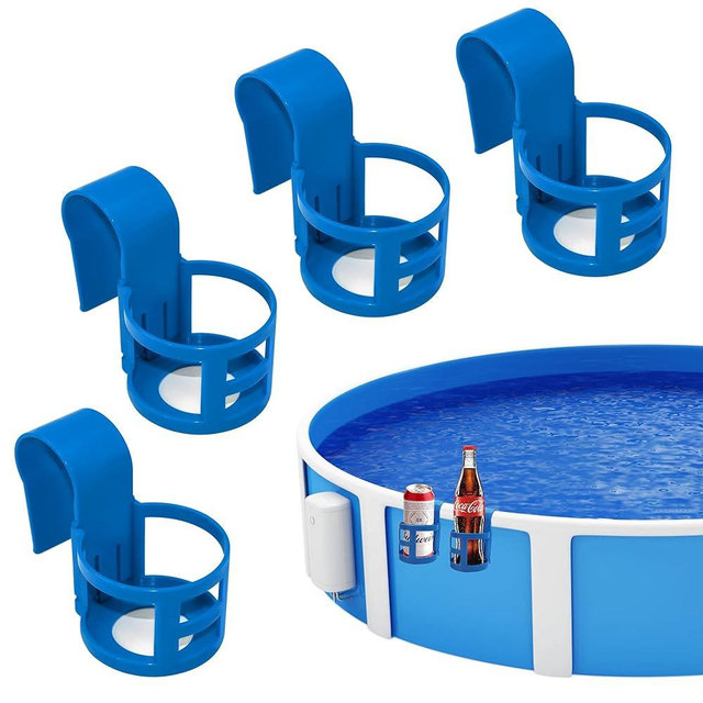Poolside Cup Holder for Above Ground Pools, Pool Drink Holders for Party ONLY FITS 2 Inch or Less Round Top Bar (Blue Round - 4 Pack)