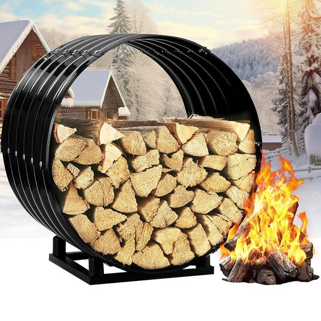 32IN Firewood Rack Hoop Outdoor Indoor, 300Lbs Load Capacity,Heavy Duty Fire Wood Storage Rack with Rustproof Cover, Round Fireplace Log Holder Stand for Patio,Deck,Porch