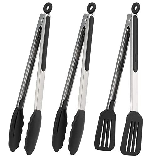 Kitchen Tongs for Cooking 12 Inch Set of 3 - Stainless Steel BBQ Tongs with Silicone Tips for Grilling, Serving, Frying & Salad - Nonstick Long Grill Tongs includes 2 Basic Food Tongs & 1 Spatula Tong