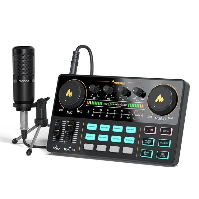Audio Interface with DJ Mixer and Sound Card, Maonocaster Lite Portable ALL-IN-ONE Podcast Production Studio with 3.5mm Microphone for Guitar, Live Streaming, PC, Recording and Gaming (AU-AM200-S1)