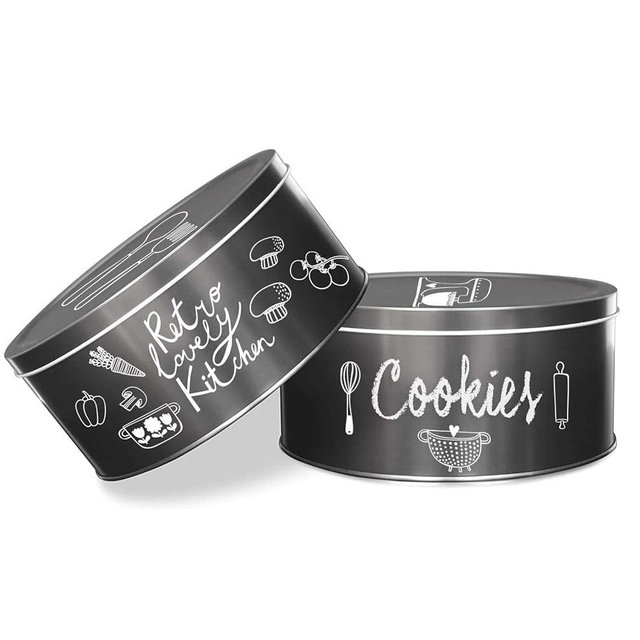 Decorae Black Chalkboard Cookie Tins (Set of 2); Round Baking and Cake Tins for Special Occasion and Holiday, 7.75- Inch wide by 3.6-Inch Tall