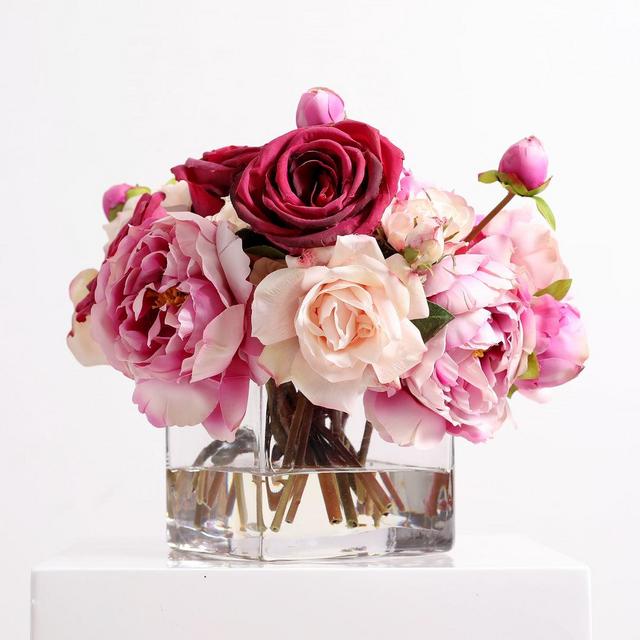 Large Blooming Real Touch Pink Peony & Blush Rose Everyday Floral Arrangement Centerpiece in Square Glass Vase