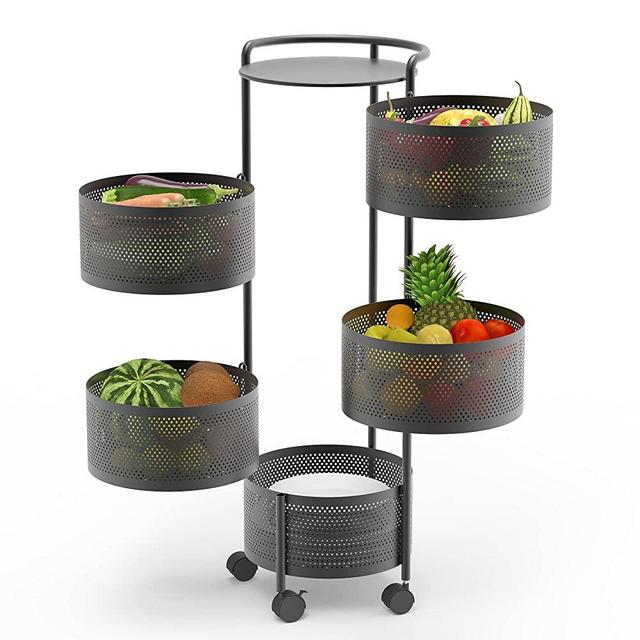 Rotating Fruit Basket, 5-Tier Metal Sturdy Kitchen Storage Rack Shelf Carts No Assembly on Rolling Wheels for Fruit Vegetable Grocery Corns Potato Onion (5-Tier , Black)