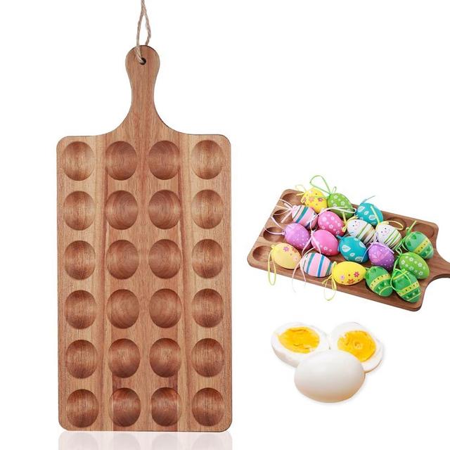24 Holes Wooden Deviled Egg Platter, Thickened Deviled Egg Tray for Party, Rectangle Charcuterie Boards Deviled Egg Plate Holder Refrigerator Egg Container for Easter Christmas Kitchen Countertop