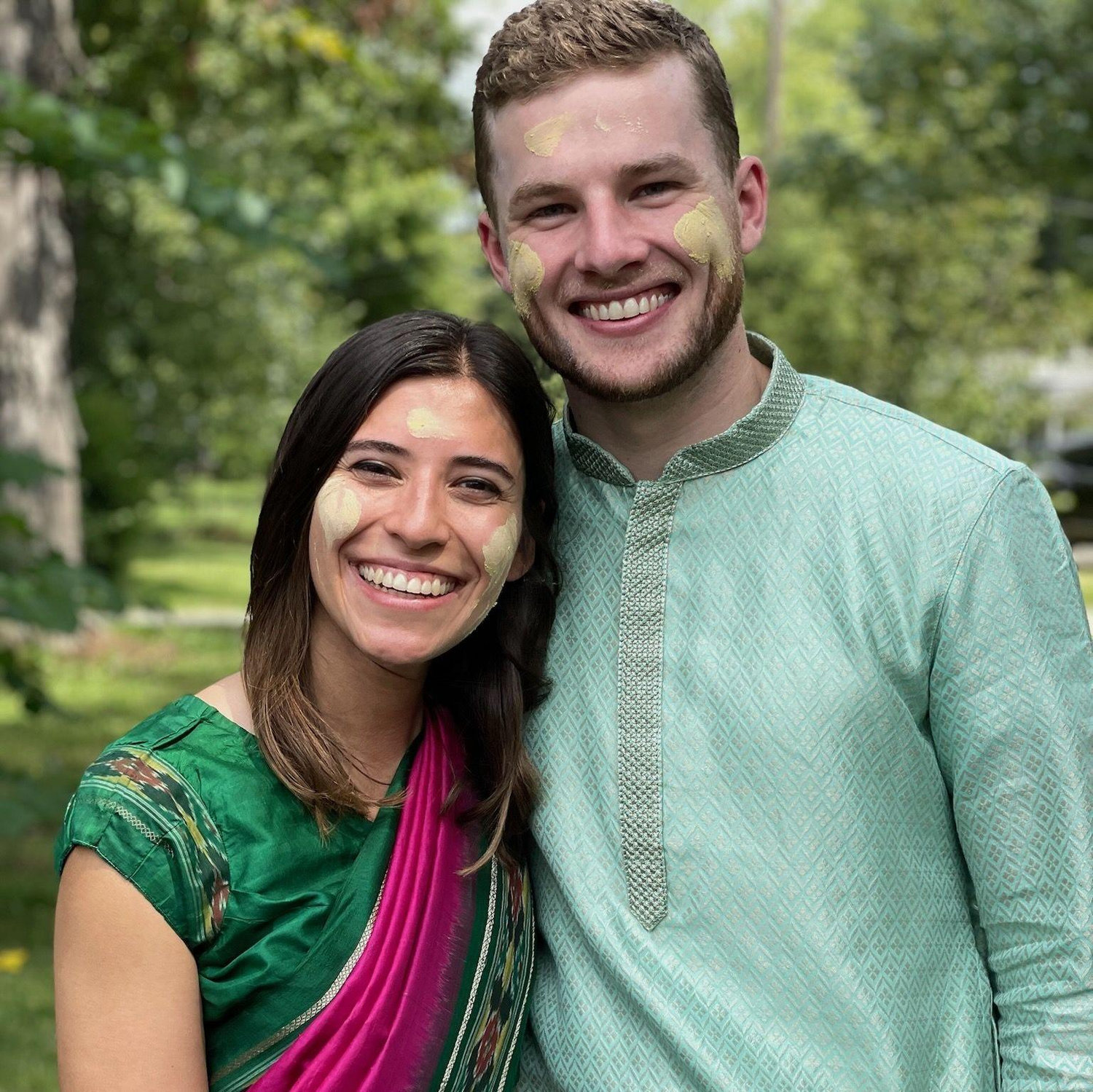 Cole's first kurta and Serena in her Dadi's sari