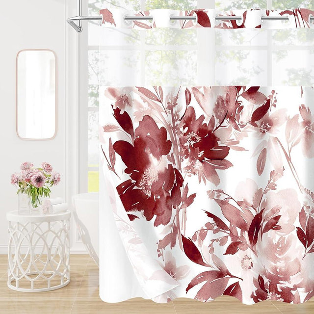 Litabel No Hook Burgundy Watercolor Floral Shower Curtain and Liner Set, Flower Shower Curtains with Snap in Liner for Summer Red Bathroom Decor, White Botanical Waterproof Shower Curtain Set,72x74