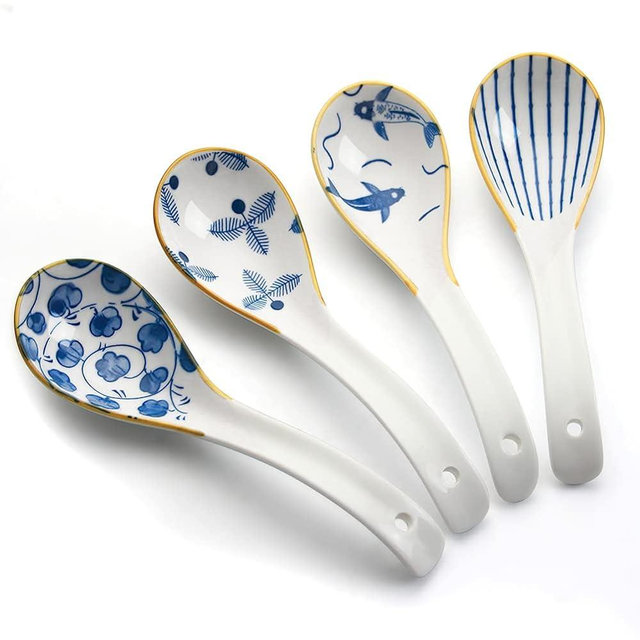 Soup Spoons, Asian Ceramic Soup Spoons, 6.2 inch Chinese Rice Spoons, Japanese Wonton Soup Spoon for Cereal Stews Ramen Pho Wonton Dumpling Miso, 4 pcs