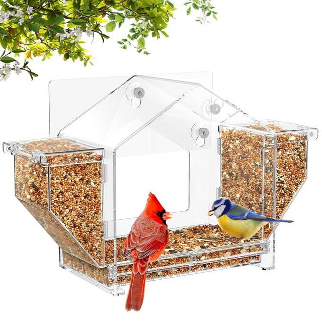 Window Bird Feeder with Strong Suction Cup and Self-Adhesive, Clear Birdfeeder for Window Larger Viewing, 6.8" Squirrel-Proof Bird Watching with Large Food Storage Design for Outdoors Cats