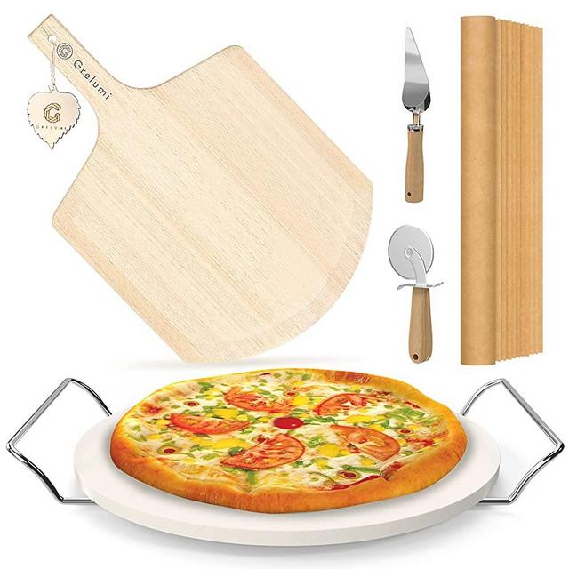 6 Pieces Pizza Stone Set, 12" Pizza Stone for Oven and Grill with 12Inch Pizza Peel(Oak), Serving Rack and Pizza Cutter & Pizza Server & 10PCS Cooking Paper for Free, Pizza Paddle for Pizza, Bread