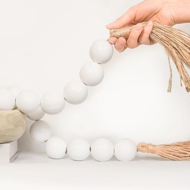 RUIRUICO Extra Large Wood Bead Garland with 1.6" Diameter Wood Beads, Wooden Beads Garland with Tassels, Decorative Beads Home Decor, Farmhouse Beads Decor (White, 41 Inches)