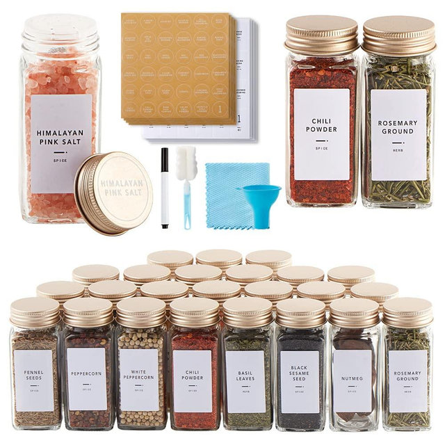 Skiileor 48 Pcs Spice Jars with Label- Glass Spice Jars with Gold Metal Caps,Shaker Lids, Funnel, Chalk Pen, Brush,Cleaning Cloth 4oz Seasoning Containers Bottles for Spice Rack, Cabinet, Drawer