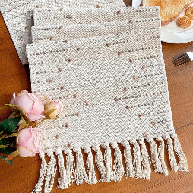 Boho Table Runner with Tassel for Kitchen Dining Rustic Cotton Woven Table Runner for Farmhouse Modern Home Decor Small Coffee Table (13 x 90 Inch,Beige with Taupe Stripes)