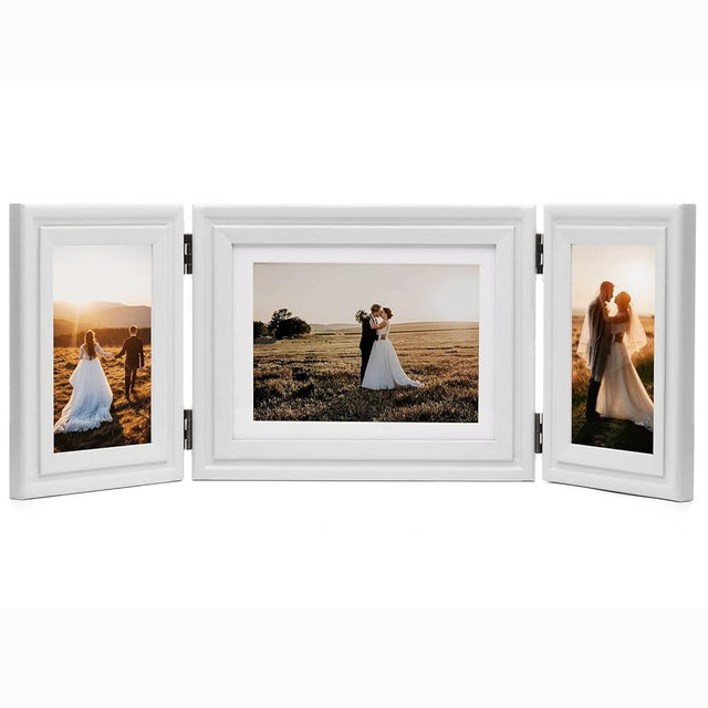 WISADD 3 Vertical Horizontal 4X6 and 5X7 Picture Frames Hinged Wood Folding Photo Frames with Real Glass Front Fit for Desktop or Tabletop, White XBAI-V46H75V46