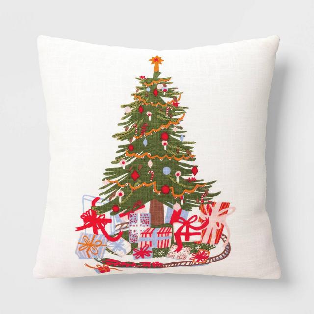Christmas Tree Embroidered Square Christmas Throw Pillow Green/Ivory - Threshold™