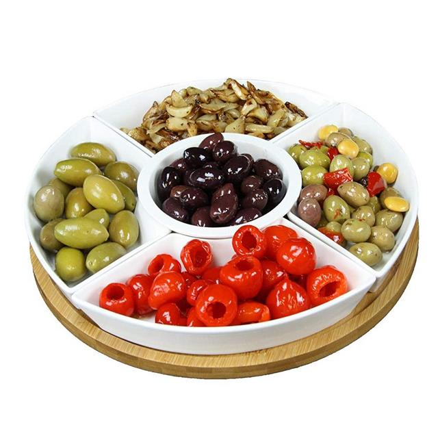 Elama Signature EL-179 12.25 in. 6 Piece Lazy Susan Appetizer & Condiment Server Set with 5 Serving Dishes & A Bamboo Lazy Suzan Serving Tray