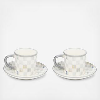 Sterling Check Stoneware Espresso Cup & Saucer, Set of 2