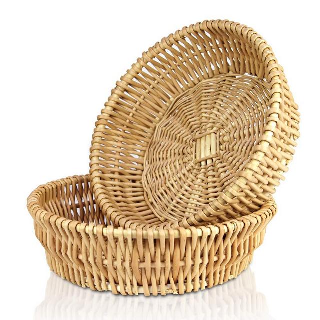 Natural Wicker Basket Fruit Bread Basket Tray Storage Basket Willow Handwoven Basket Fruit Vegetables Serving Basket, Round Stackable Basket,2 Pieces