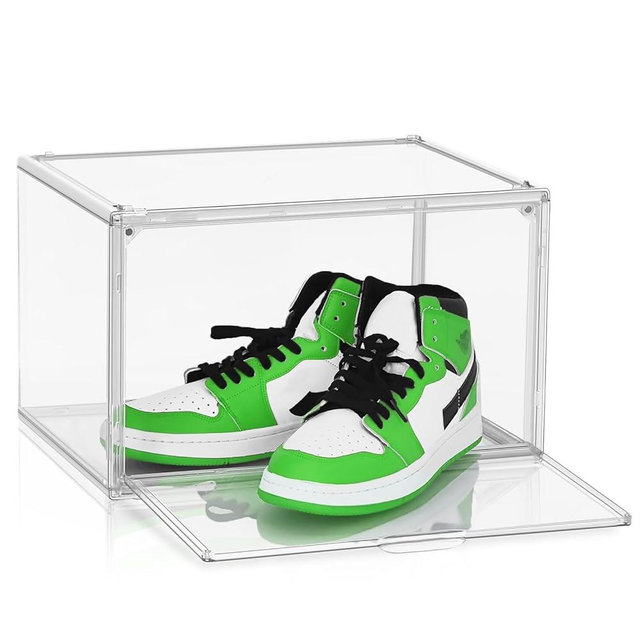 DAYOOH Size 14 Acrylic Sneaker Shoe Display Case, Transparent Shoe Box Storage Bins Clear Plastic Stackable Boot Handbag Organizer Containers with Lids for Shoes, Figure, Collectible, Purse, 1Pack