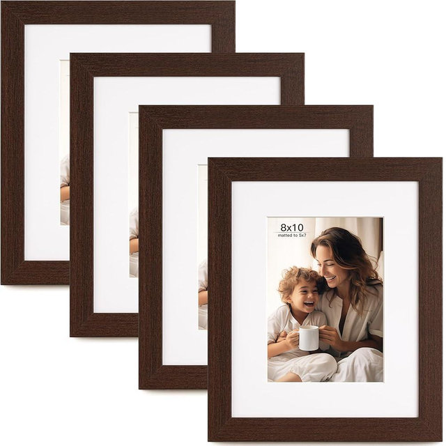 FinalFind 8x10 Picture Frame with Mat for 5x7, Set of 4 Dark Brown 8 x 10 Picture Frames Display on Tabletop or Wall Mounting (4 Pack,Walnut)