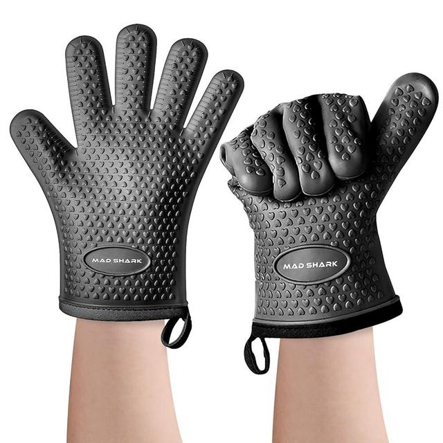 MAD SHARK Silicone Oven Mitts Heat Resistant 450 Degrees,Waterproof & Non-Slip Oven Gloves with Fingers,Cotton Lined Silicone Oven Gloves Kitchen Mitts for Baking Cooking Barbecue,Women,Oven(Black)