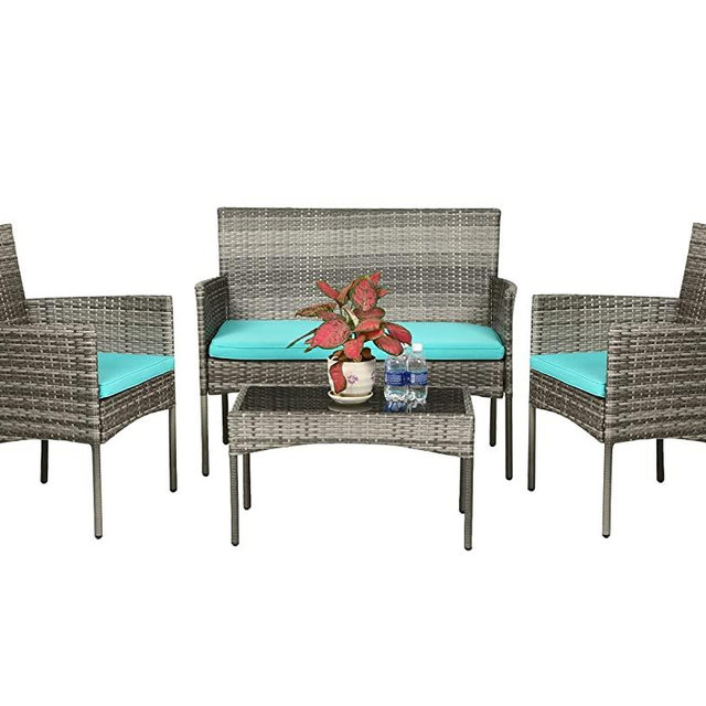 FDW Patio Conversation Set 4 Pieces Outdoor Furniture Set Wicker with Rattan Chair Loveseats Coffee Table for Outdoor Indoor Garden Backyard Porch Poolside Balcony,Gray Wicker/Blue Cushions